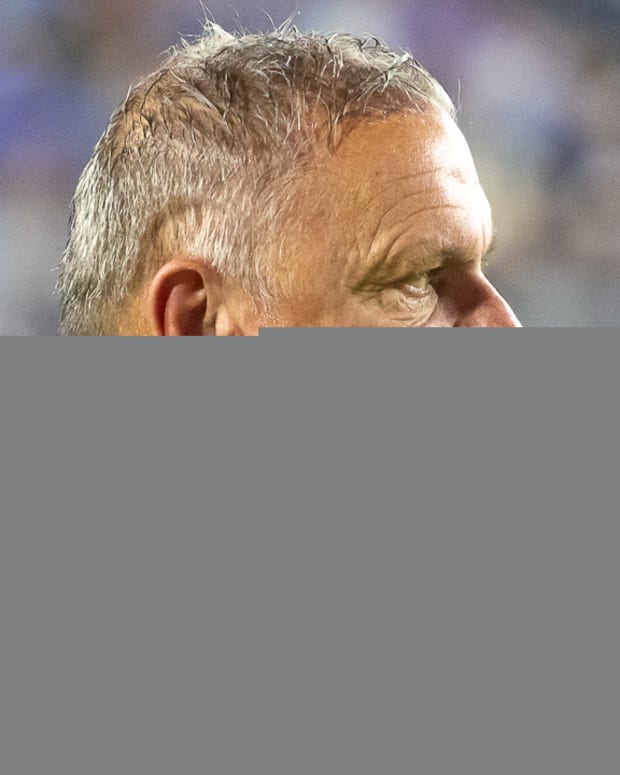 Razorbacks coach Sam Pittman on the sidelines against Ole Miss on Saturday night